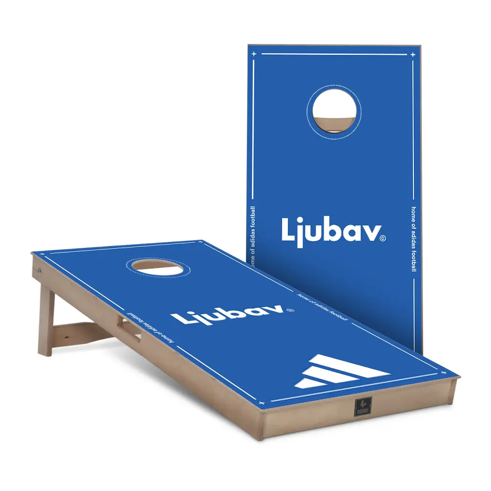 Adidas - custom cornhole game set with company logo, ideal as a personalised business gift.