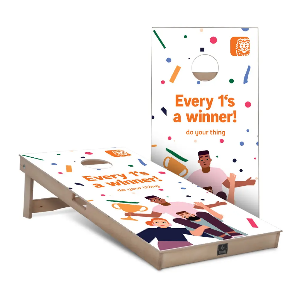 ING Bank - cornhole. Custom cornhole game set with company logo, ideal as a personalised business gift.
